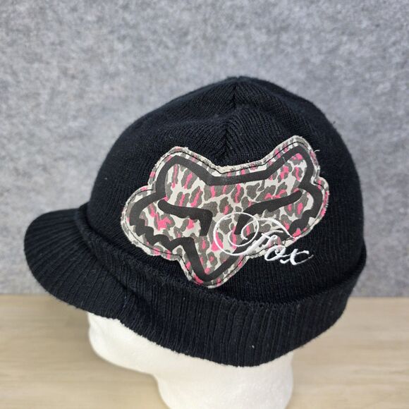 Vintage Y2K Fox Racing Leopard Print Patch Beanie Hat Cap Visor Black - Picture 1 of 7